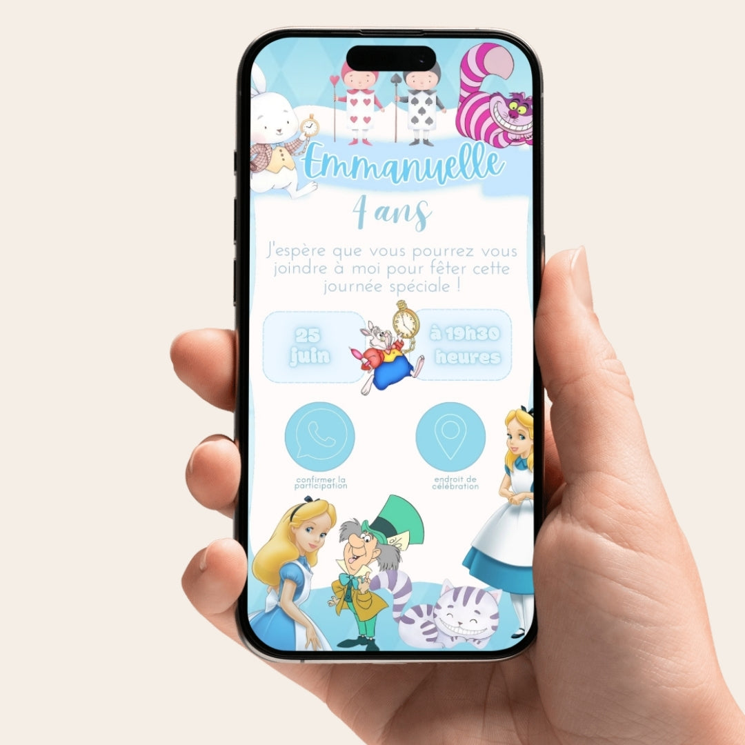 Invitation anniversaire numérique et interactive Alice au Pays des Merveilles