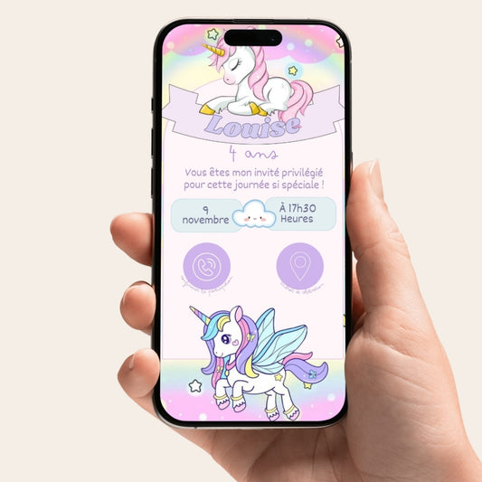 Invitation anniversaire numérique et interactive Licorne