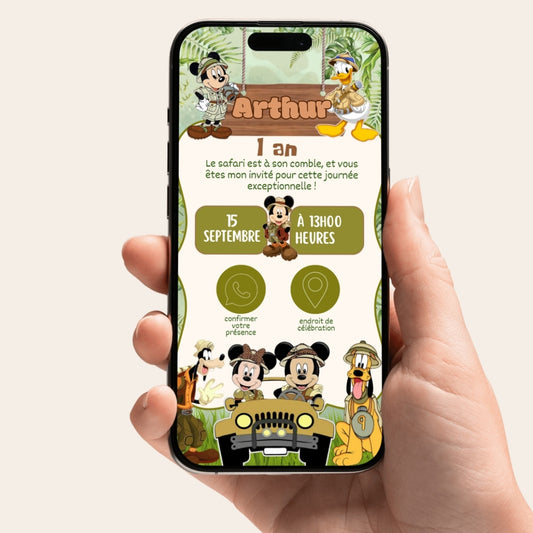 Invitation anniversaire numérique et interactive Mickey Mouse Safari
