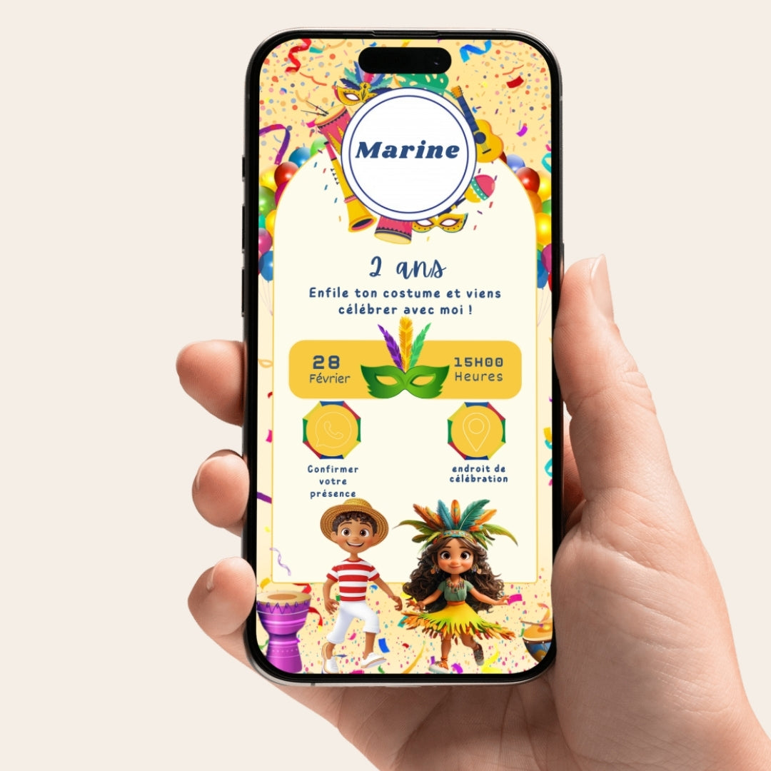 Invitation anniversaire numérique et interactive Carnaval