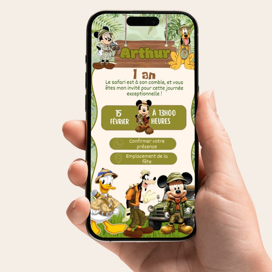Invitation anniversaire numérique et interactive Mickey Mouse Safari